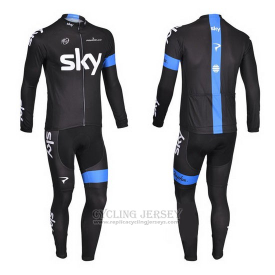 2013 Cycling Jersey Sky Blue and Black Long Sleeve and Bib Tight